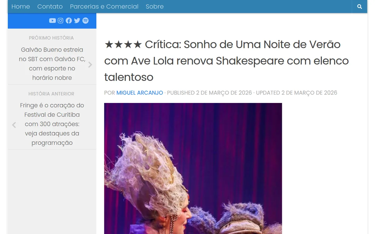 Reprodução da abertura da crítica de Miguel Arcanjo Prado no Blog do Arcanjo, com quatro estrelas para Sonho de Uma Noite de Verão