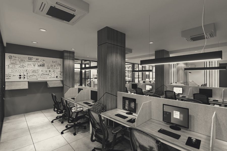 Estações de trabalho em escritório contemporâneo