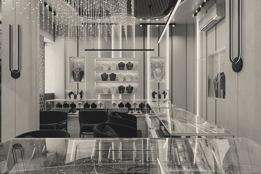 Interior de loja de alto padrão com vitrines iluminadas