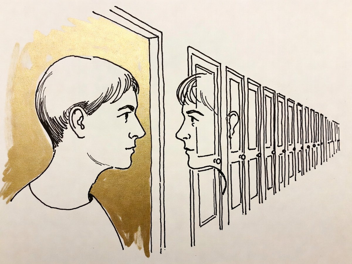 Duas figuras de perfil em conversa diante de uma fileira de portas fechadas
