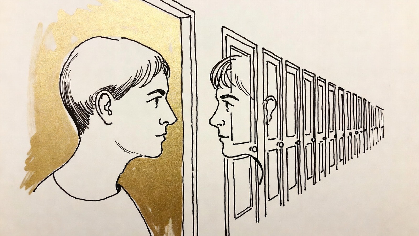 Duas figuras de perfil em conversa diante de uma fileira de portas fechadas