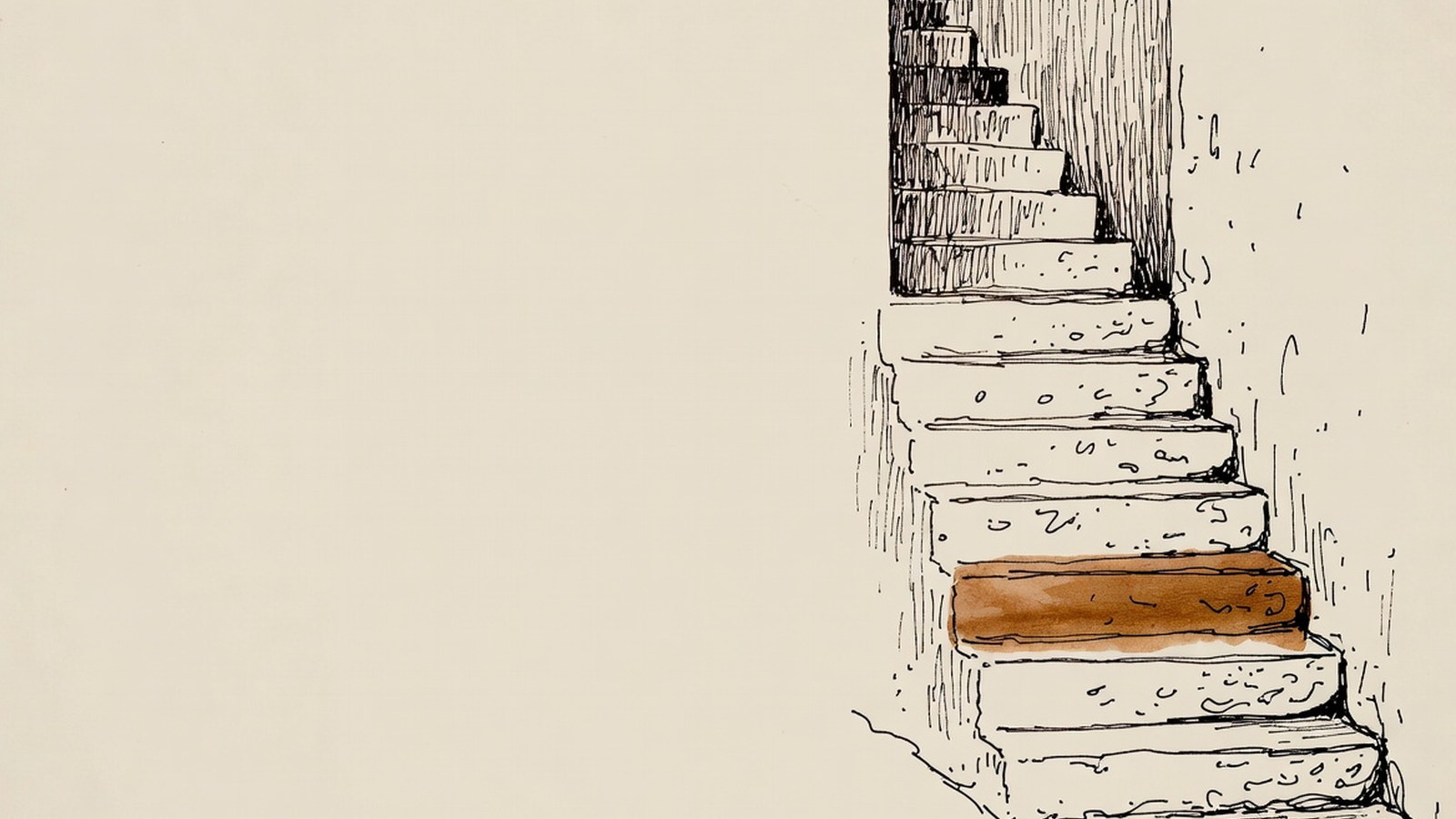 Escadaria de degraus estreitos vista de lado, com um único degrau preenchido em cor
