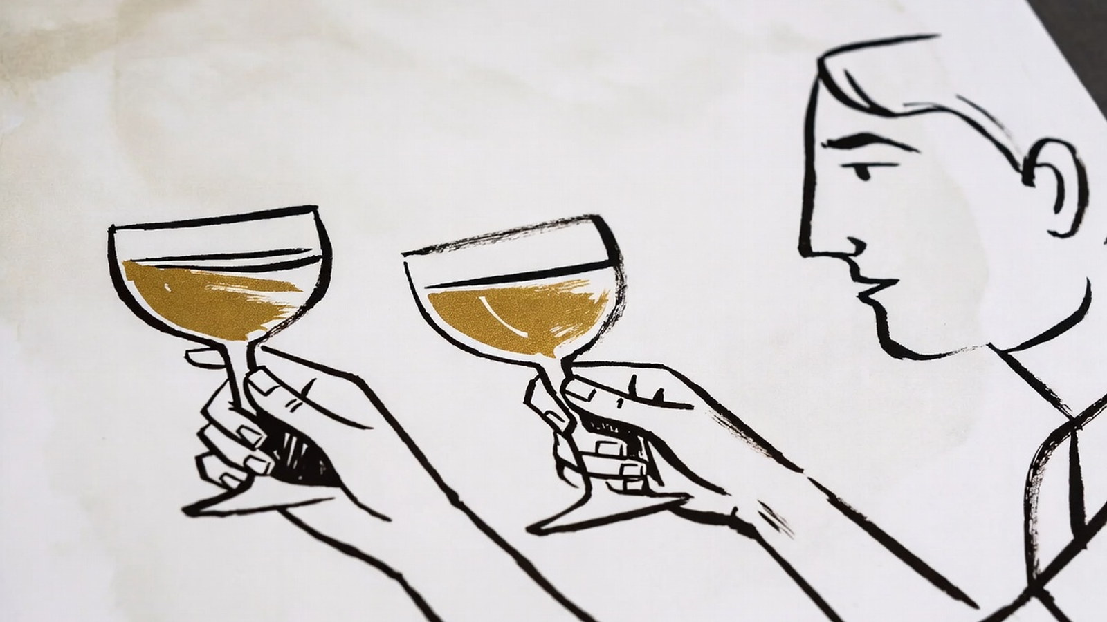Braço estendendo uma taça, com o mesmo gesto repetido por duas figuras ao fundo