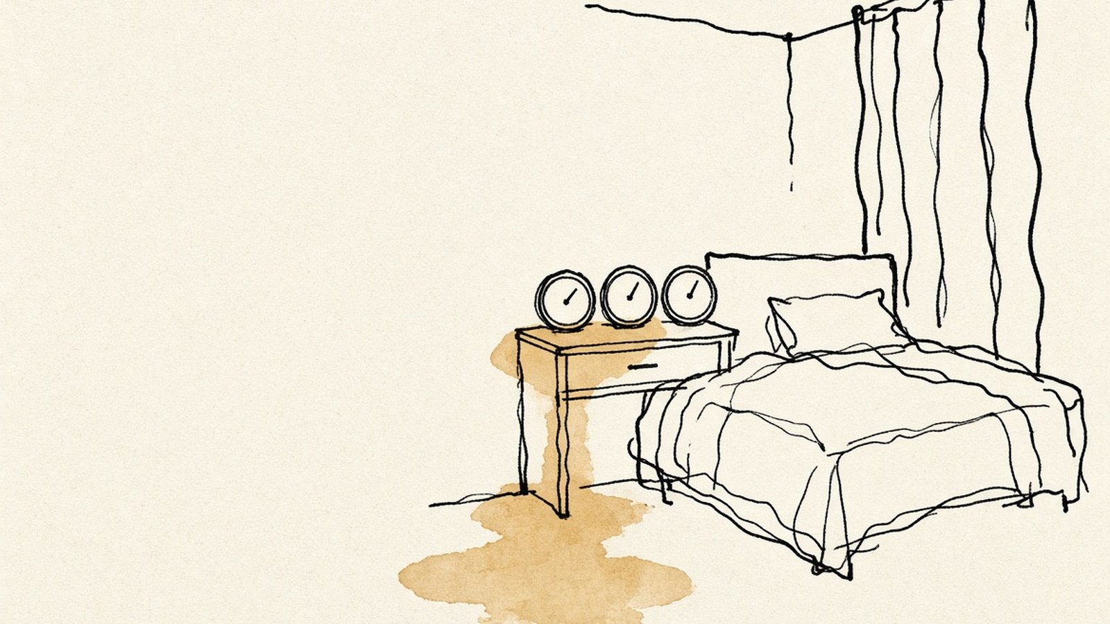 Cama de hotel com cortina meio aberta e três relógios enfileirados sobre a mesa de cabeceira