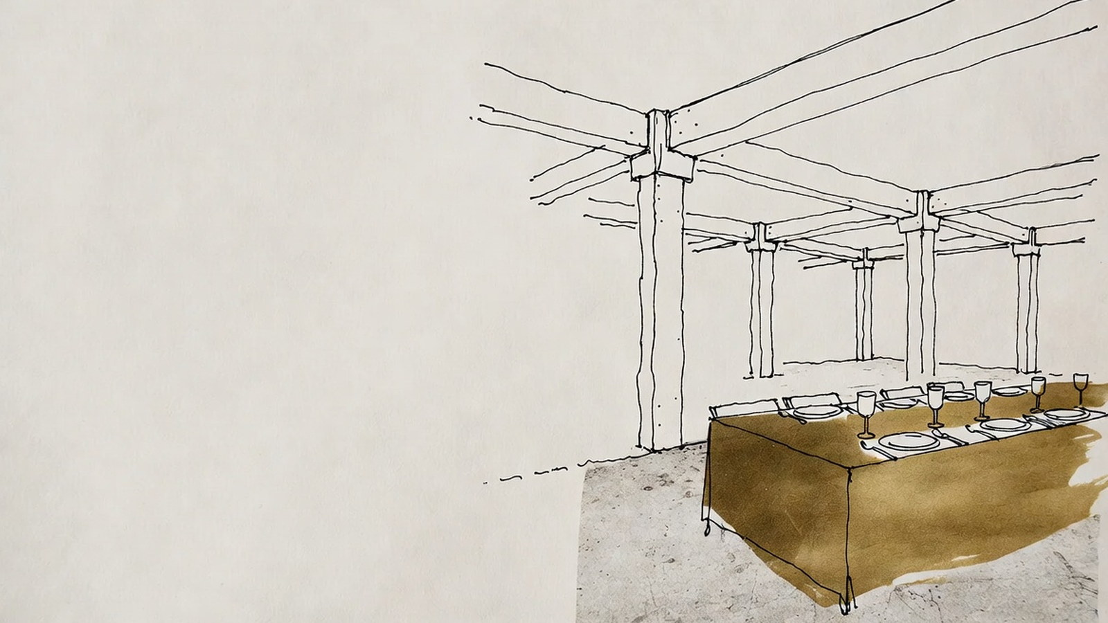 Mesa posta para convidados no meio de um interior de obra bruta