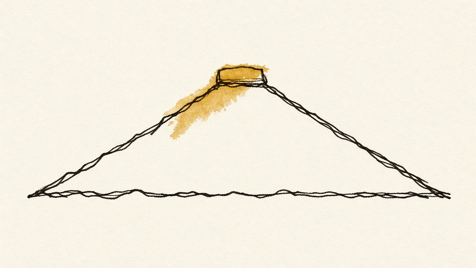 Silhueta de pirâmide em traço fino com um bloco dourado isolado no topo, base larga vazia