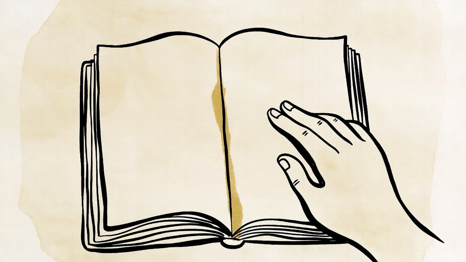 Caderno costurado aberto com uma mão alisando a página