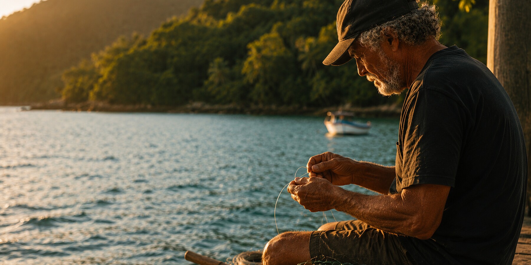 Pescador preparando a rede à beira d'água