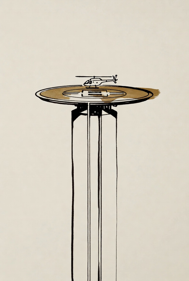 Desenho de linha: prédio alto com um heliponto no topo e um helicóptero pousado, dourado marcando o heliponto