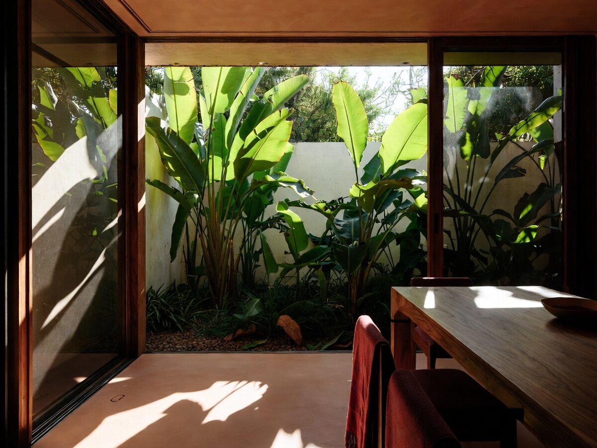 Interior contemporâneo aberto para um jardim tropical