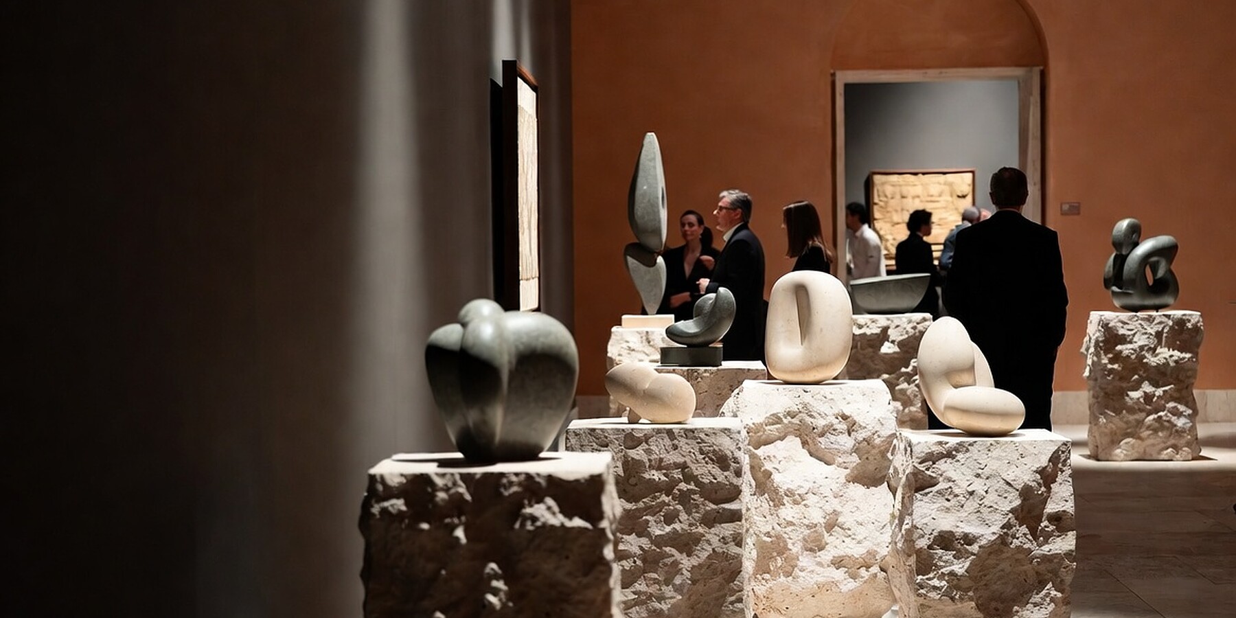 Sala de exposição com esculturas sobre pedestais de pedra e pequenos grupos