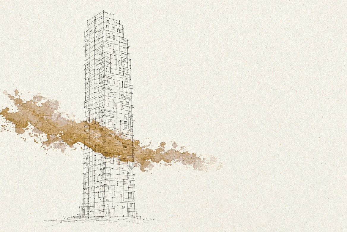 Desenho a traço: torre residencial alta atravessada por uma faixa larga de aguada dourada.