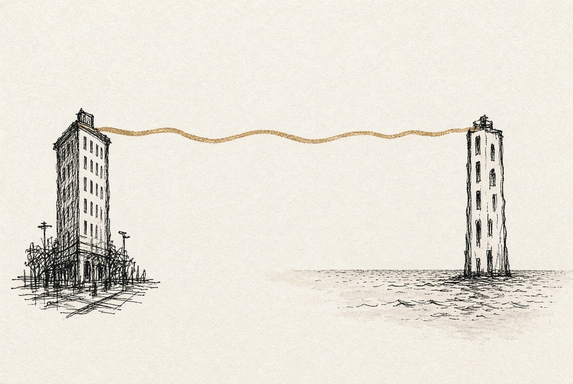 Desenho a traço: um edifício urbano e uma torre sobre o mar, ligados por um fio dourado na altura do topo.