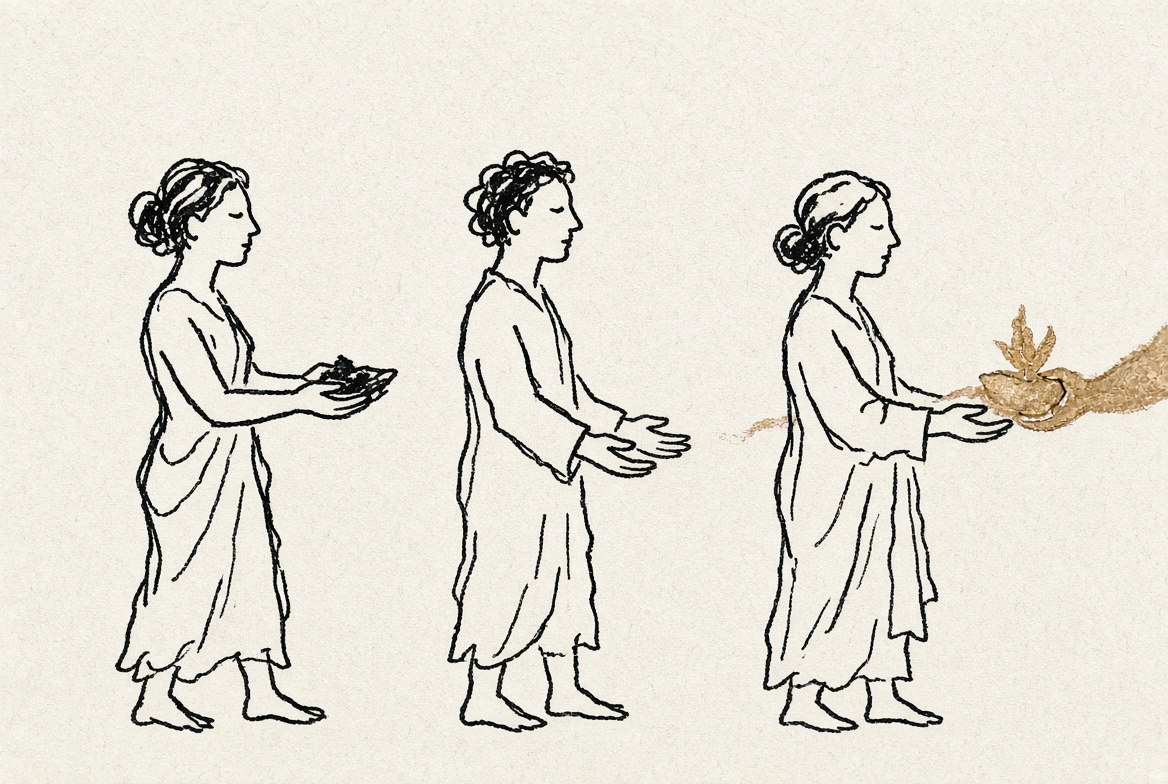 Desenho a traço: três figuras de perfil em fila; a última recebe de uma mão dourada vinda de fora do quadro.