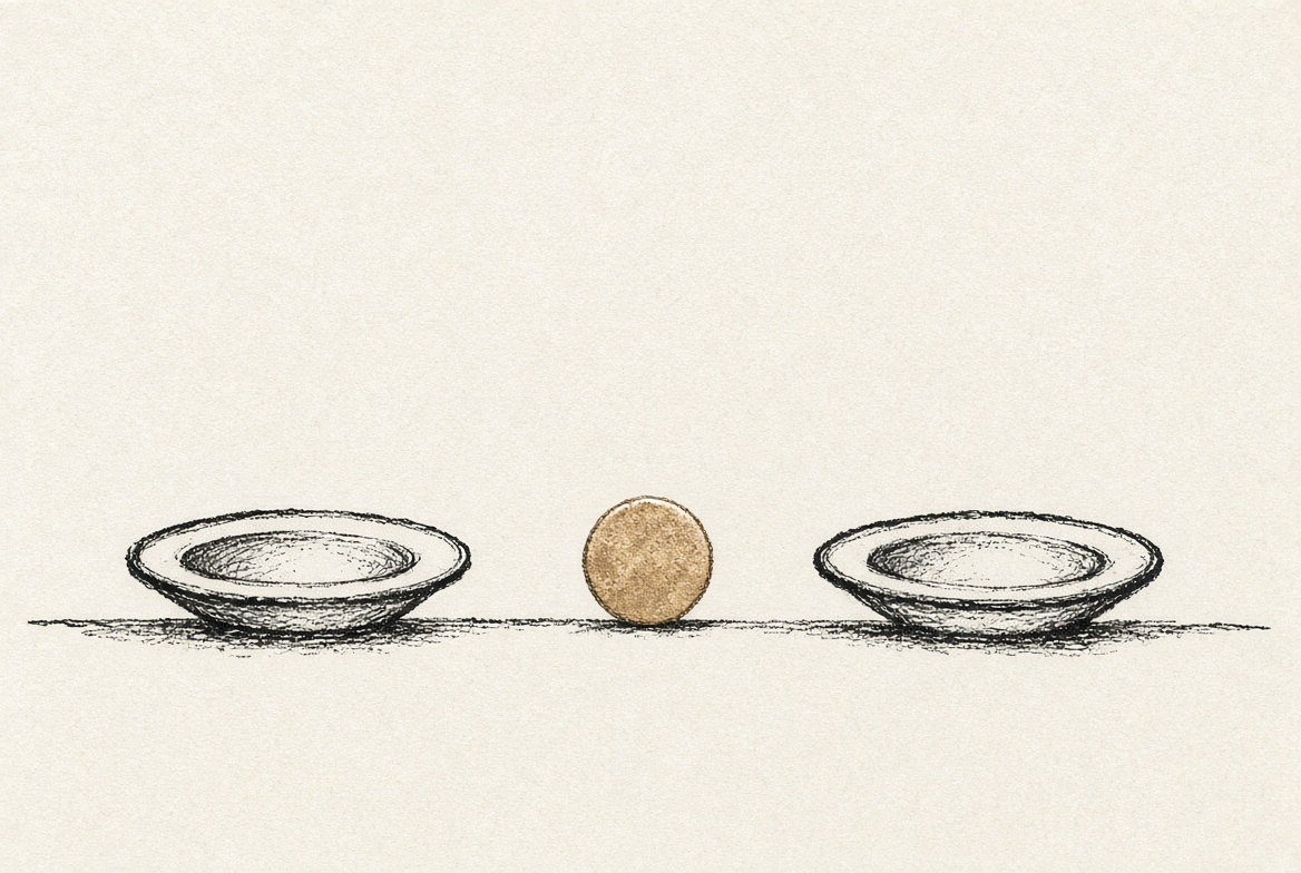 Desenho a traço: uma moeda dourada pousada na mesa exatamente entre dois pires vazios e iguais.