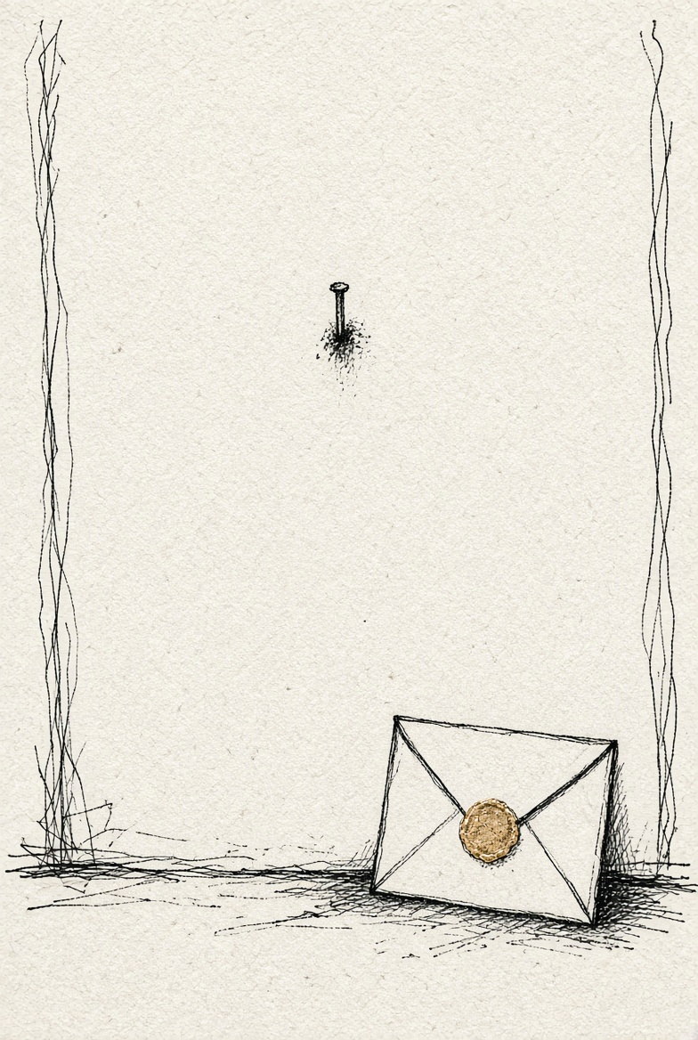 Desenho a traço: parede vazia com um prego solitário e, no chão, um envelope fechado com lacre dourado.