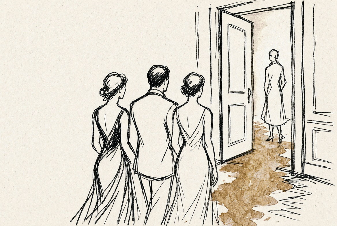 Desenho a traço: pessoas em traje de noite de costas num salão, e uma figura esperando fora de uma porta entreaberta.