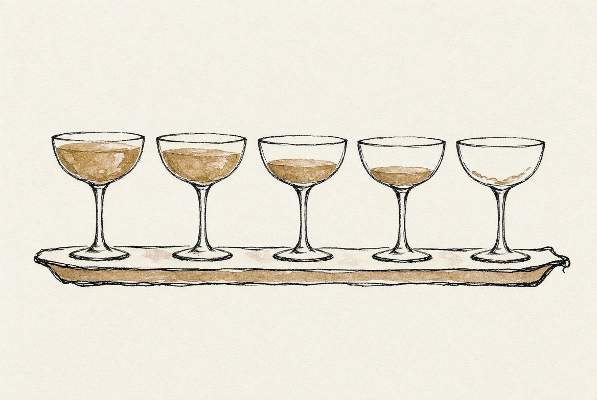 Desenho a traço: cinco taças de coupe alinhadas numa bandeja, com níveis de líquido decrescentes até quase vazio.