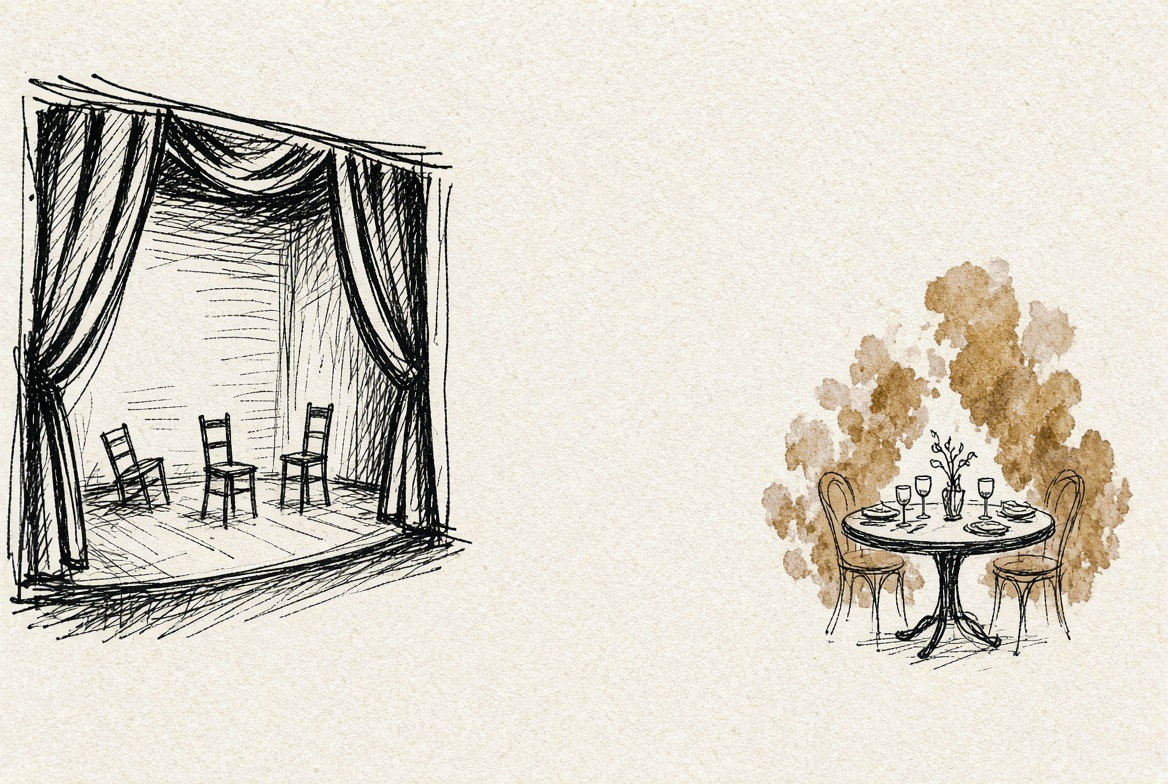 Desenho a traço: à esquerda um palco vazio com a cortina aberta; à direita, uma mesa posta para poucos.