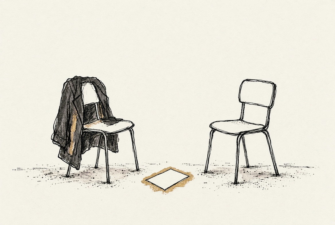 Desenho a traço: duas cadeiras frente a frente, um casaco sobre uma delas e um cartão caído no chão.