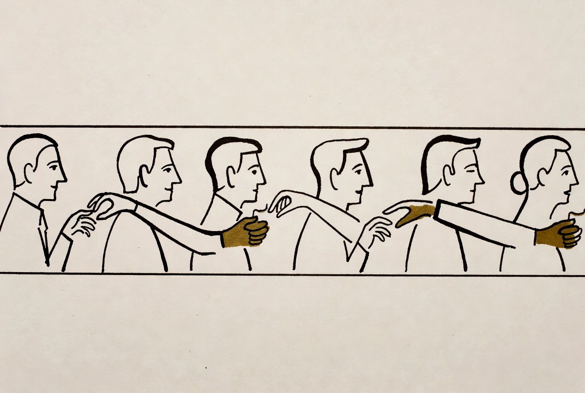 Desenho de linha: fileira de figuras de perfil passando um pequeno objeto de mão em mão, com dourado marcando cada passagem