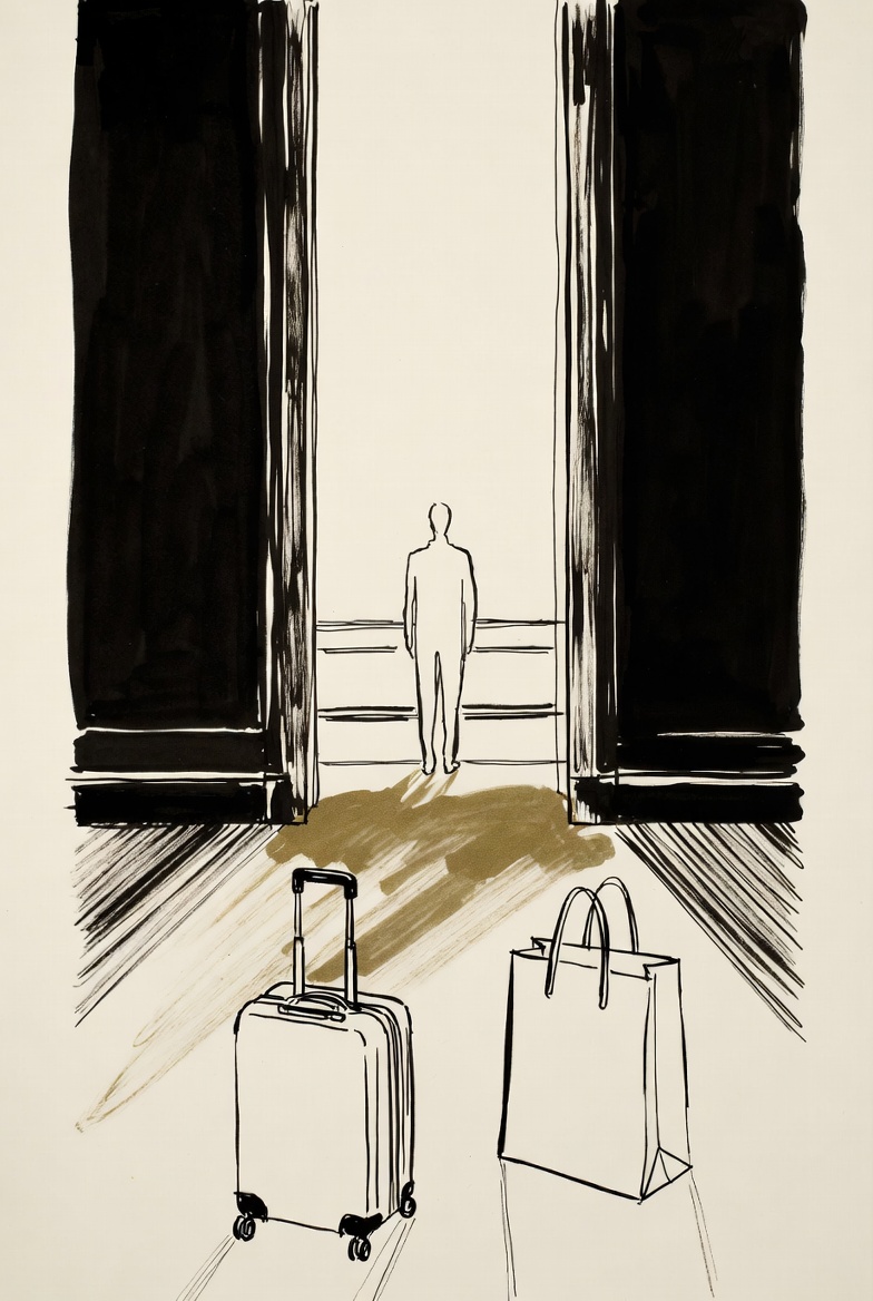 Desenho de linha: figura de costas parada na soleira de um interior, olhando para fora, com luz dourada entrando pela abertura até seus pés