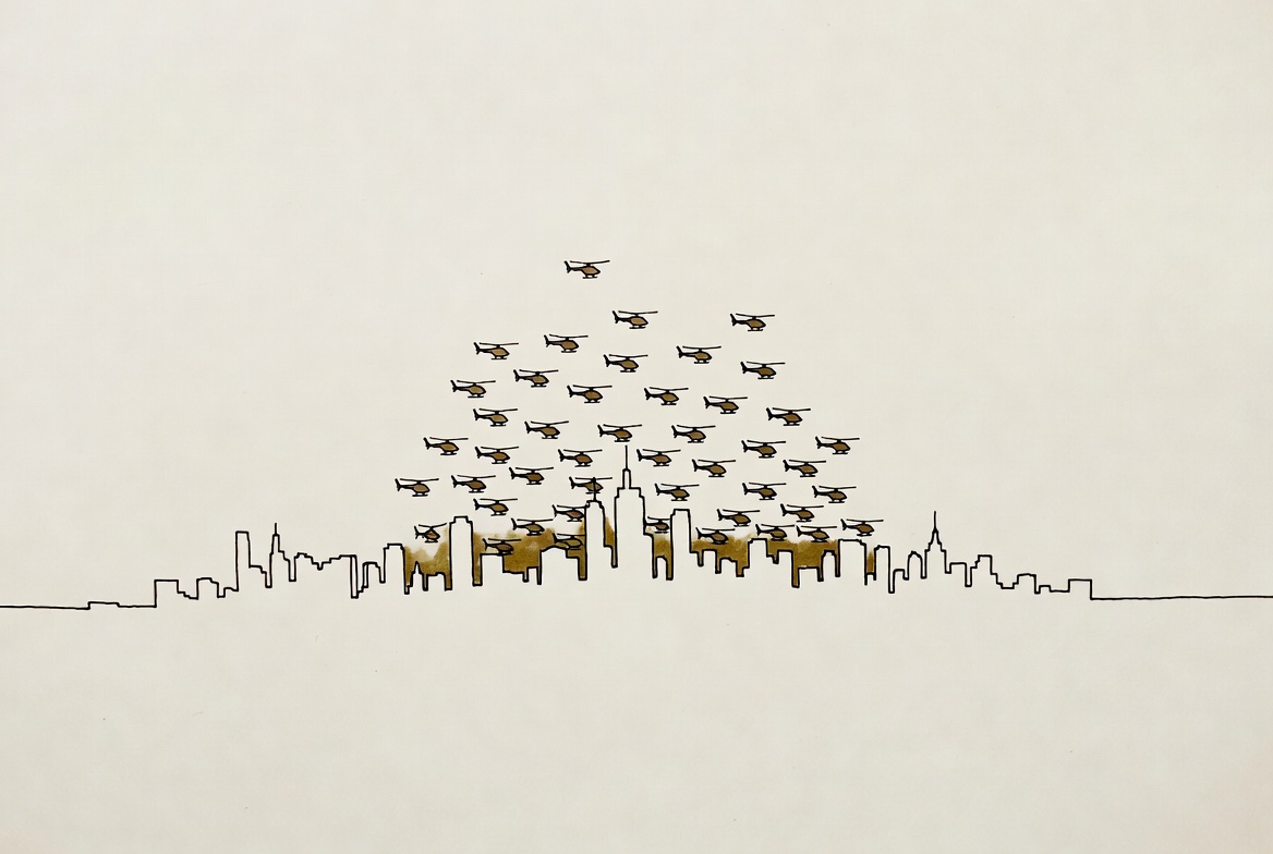 Desenho de linha: silhuetas de helicóptero espalhadas sobre a linha do horizonte da cidade, com um traço dourado marcando os telhados onde pousam