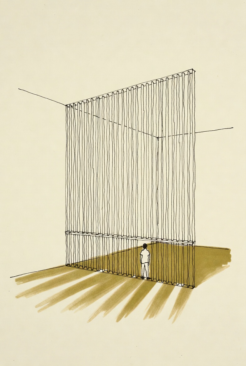 Desenho de linha: interior alto e estreito com uma parede de brises verticais, luz dourada filtrada caindo no chão em faixas, uma figura pequena diante dela