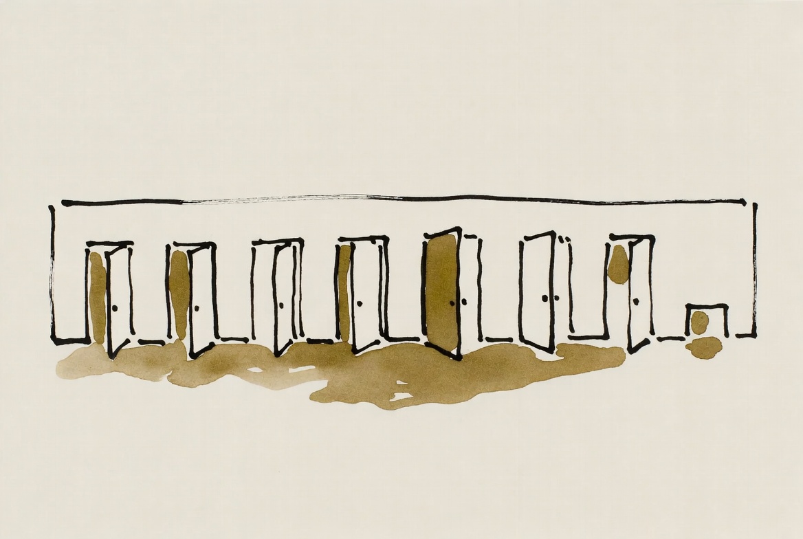 Desenho de linha: parede com dez portas abertas em ângulos diferentes, dourado escapando mais das portas mais abertas