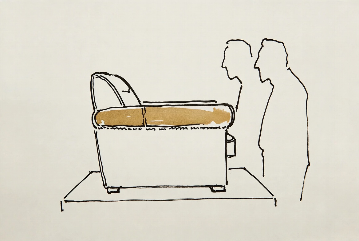 Desenho de linha: poltrona sobre um plinto com uma faixa de desgaste dourada no braço, observada de perto por duas figuras de perfil