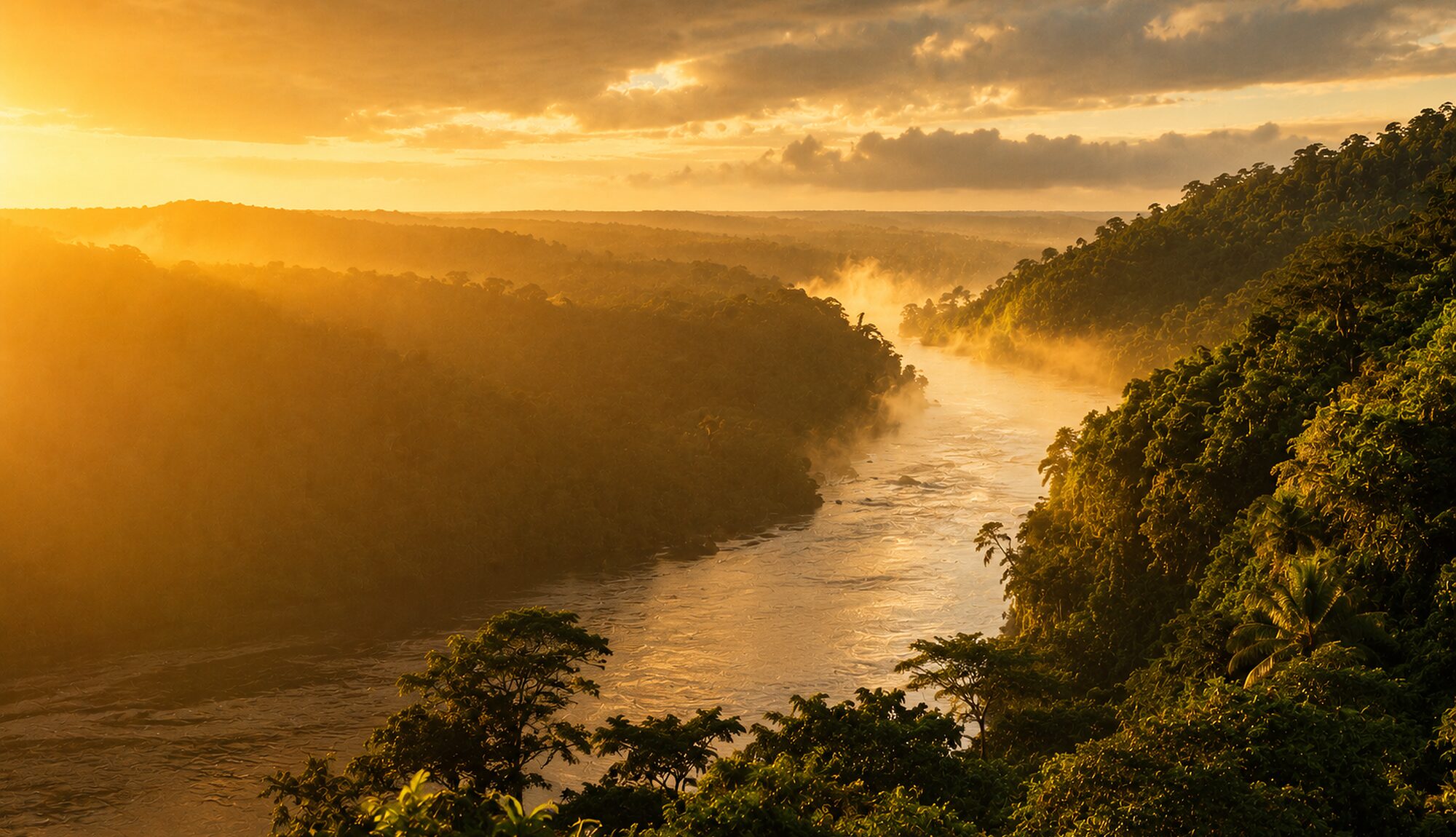 Rio dourado entre morros de mata
