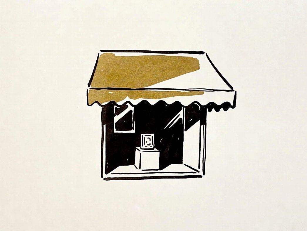 Desenho em linha fina: vitrine com toldo dourado