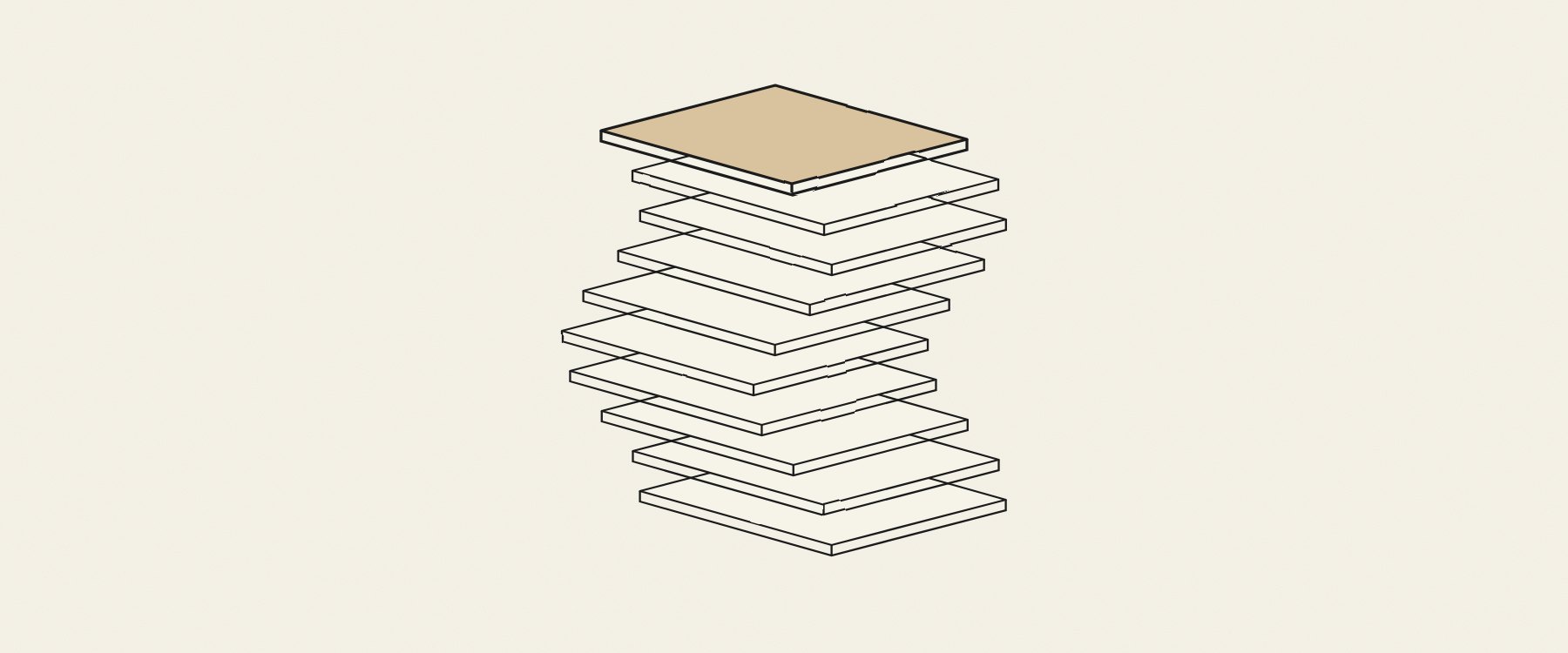 Desenho de linha: dez lâminas empilhadas, a de cima em dourado