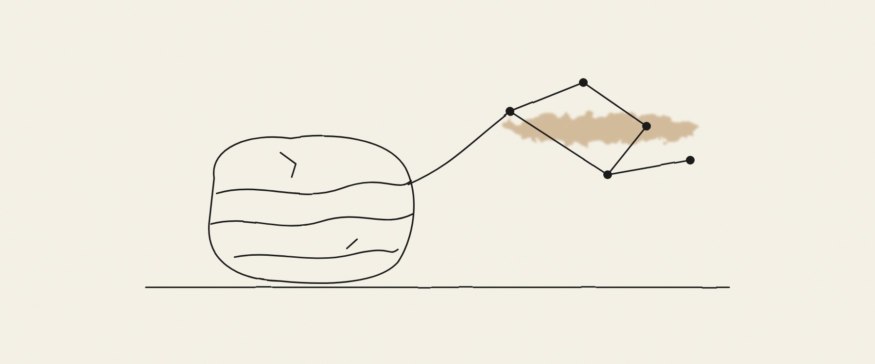 Desenho de linha: uma pedra apoiada numa linha de horizonte, ligada por um fio a uma pequena rede de pontos