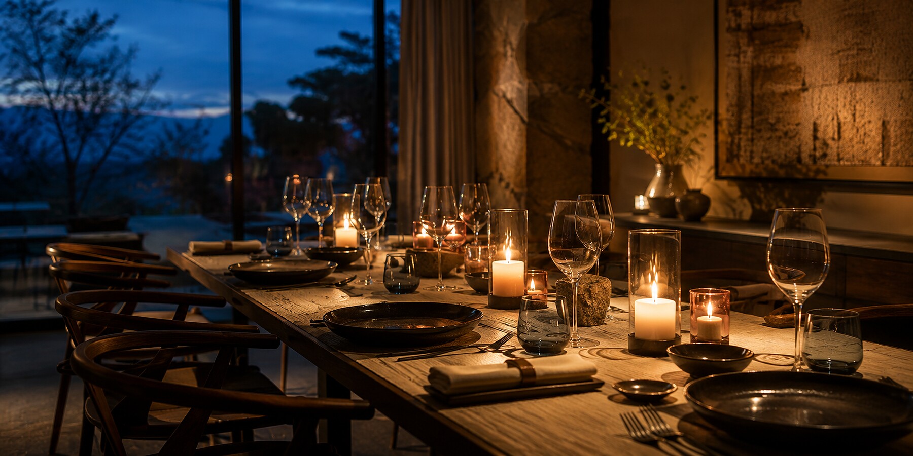 Mesa posta para jantar íntimo com luz de vela