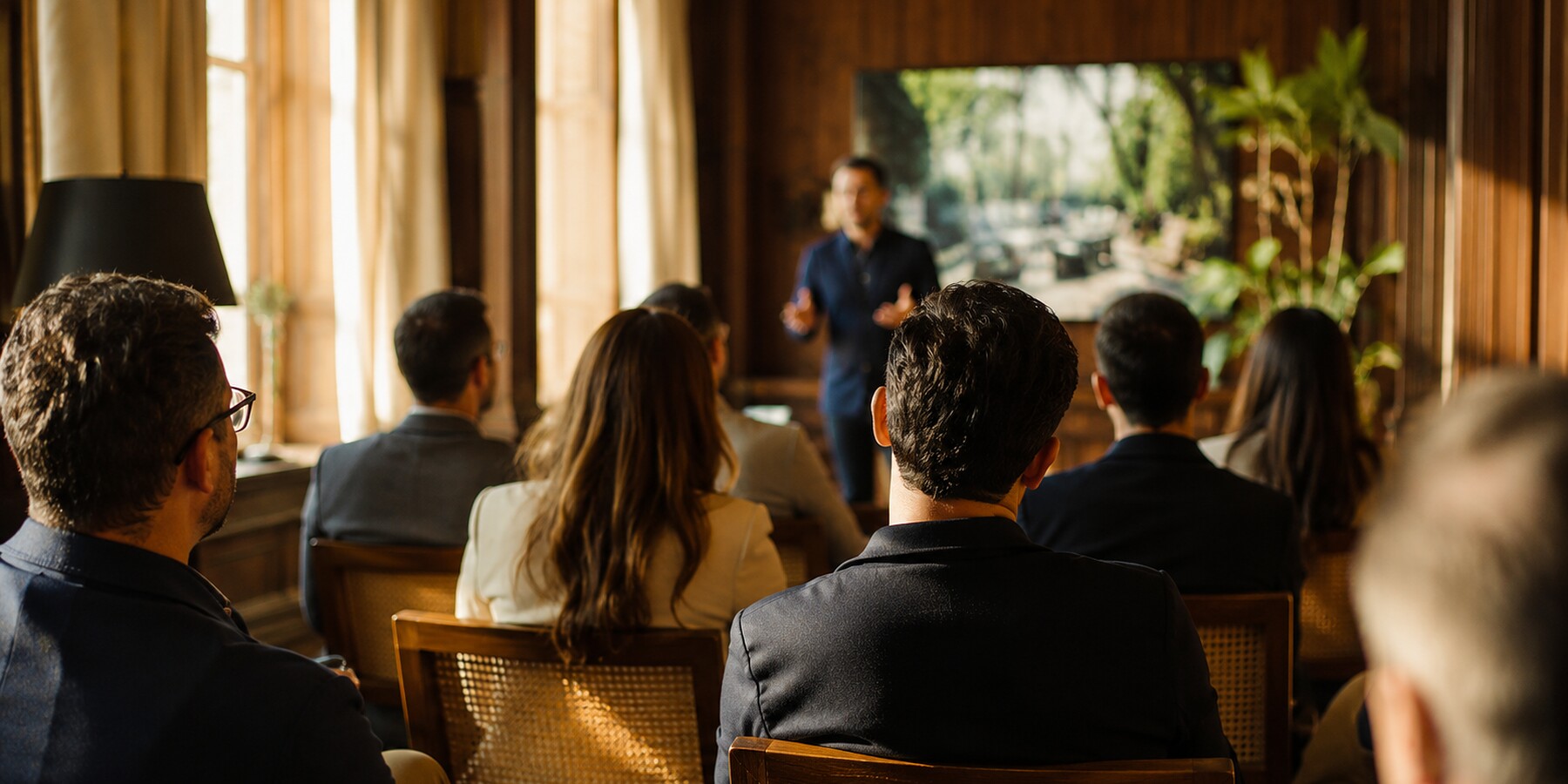 Palestra conduzida diante de audiência atenta