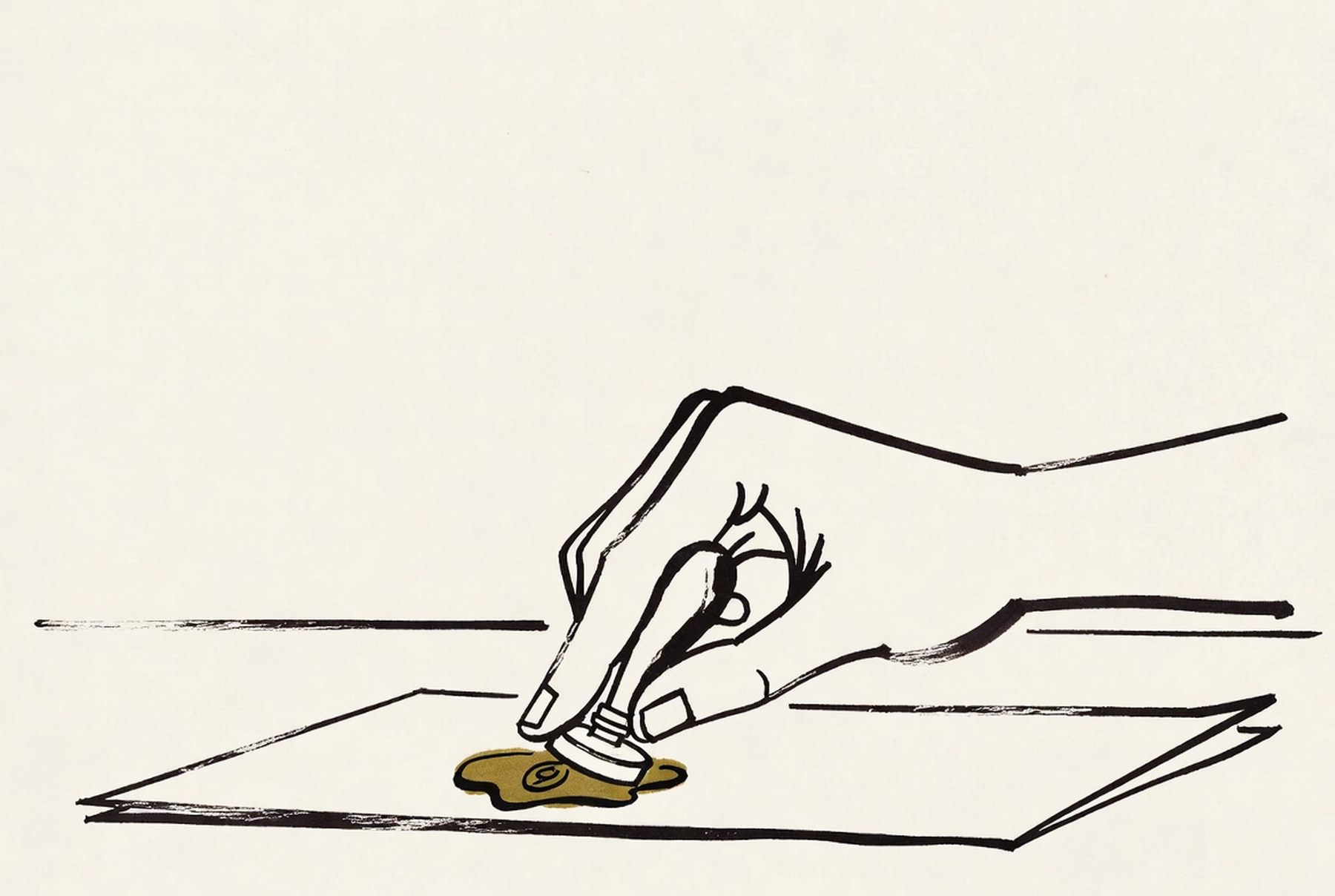 Desenho de linha: mão pressionando um lacre sobre um documento, cera ainda quente.