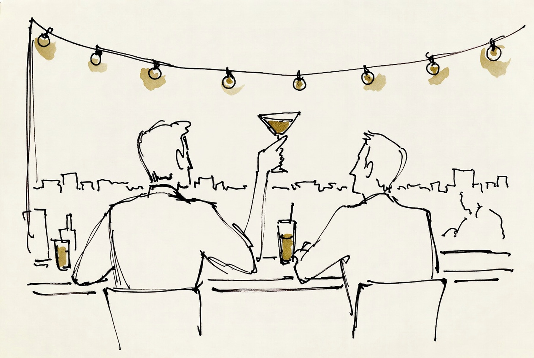 Desenho de linha: três figuras em terraço ao entardecer, taça erguida, luzes penduradas.