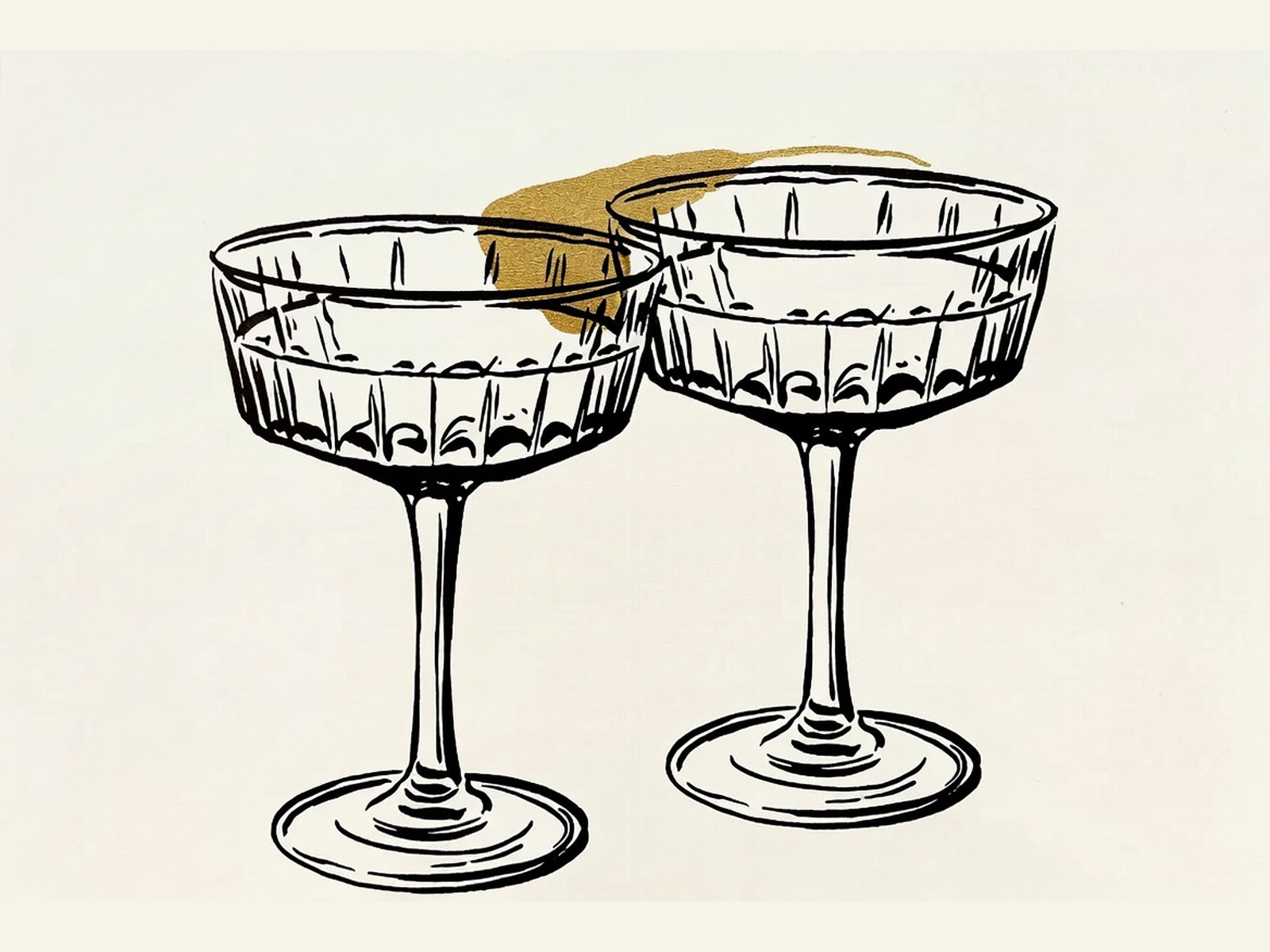 Desenho de linha: duas taças de cristal em close, com o dourado no topo