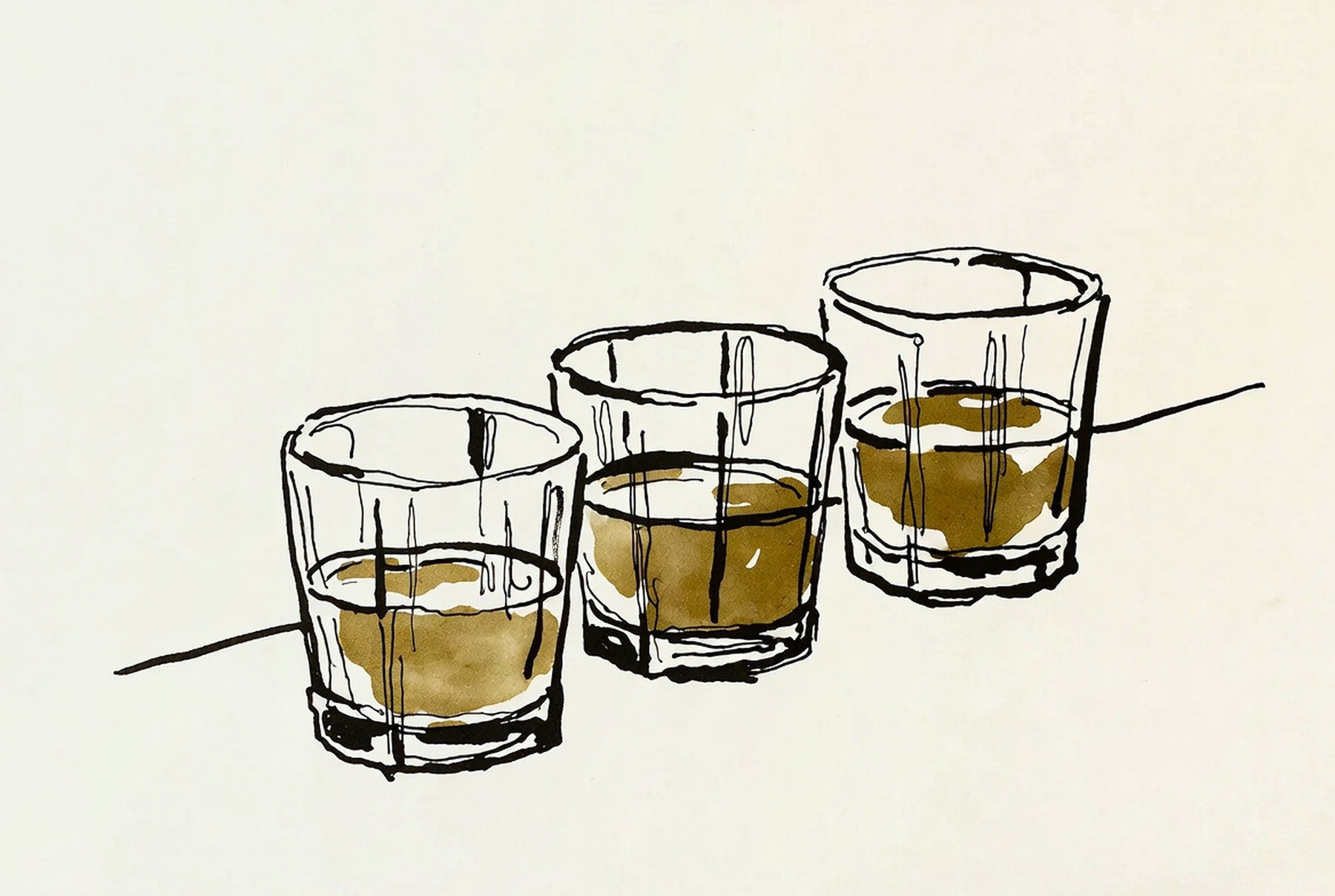 Desenho de linha: três copos de cristal em fila, cada um com um nível diferente de líquido.