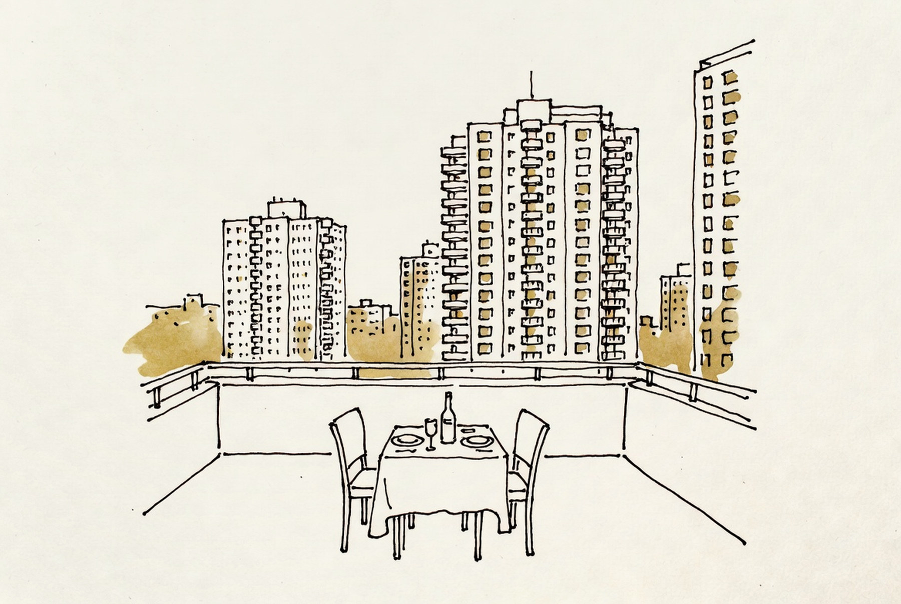 Desenho de linha: torres residenciais ao entardecer vistas de um terraço com mesa posta.