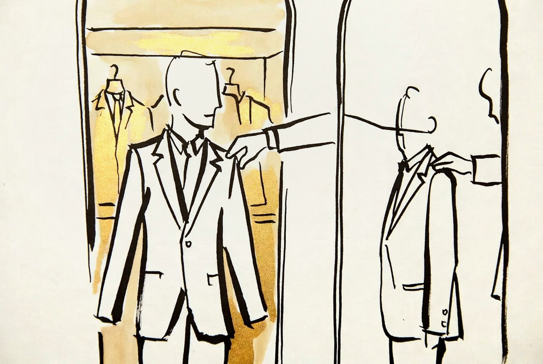 Desenho de linha: cliente diante do espelho enquanto o alfaiate ajusta o ombro do paletó.