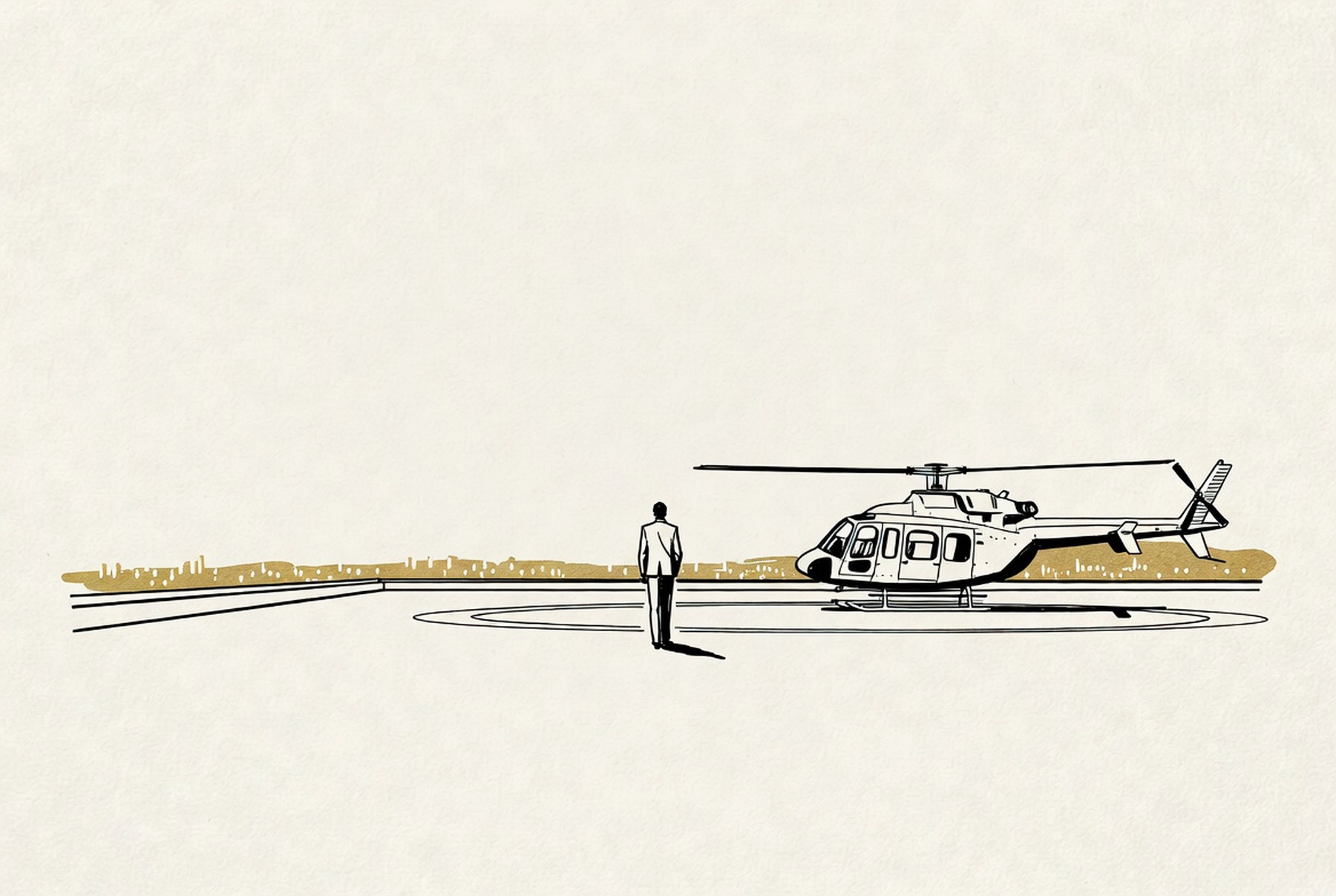 Desenho de linha: figura de costas atravessando um heliponto em direção ao helicóptero, ao entardecer.