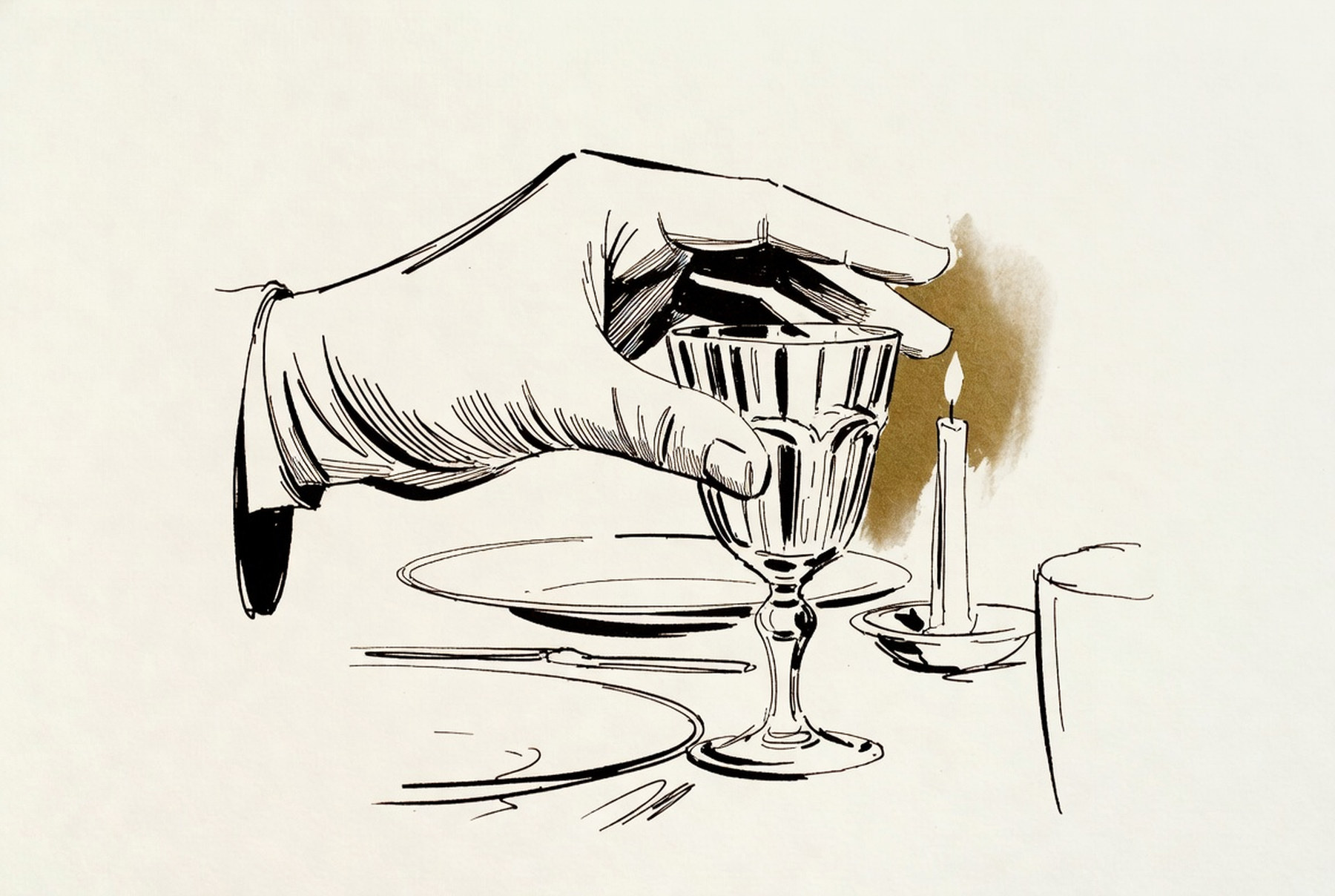 Desenho de linha: mão enluvada ajustando uma taça de cristal em mesa posta, vela acesa ao lado.