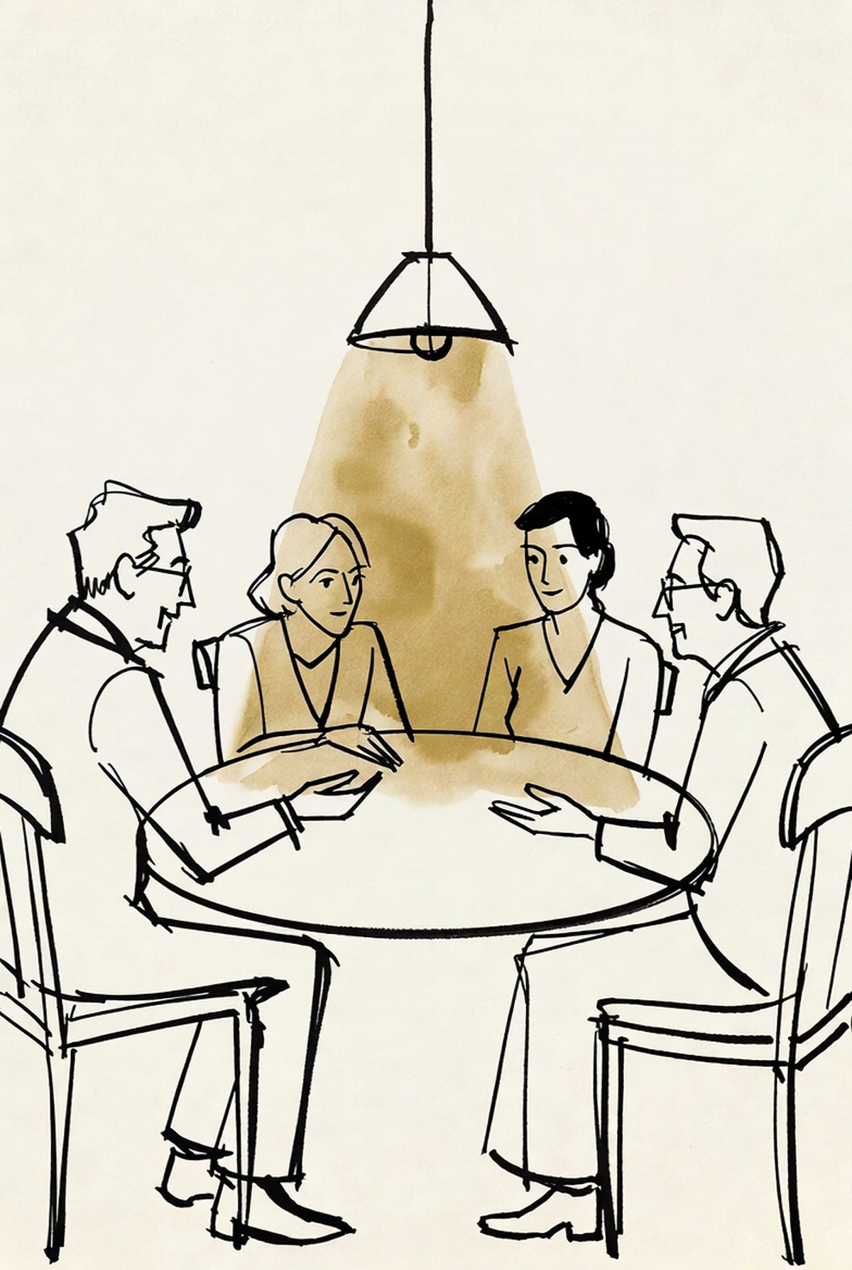 Desenho de linha: quatro pessoas de duas gerações à mesa redonda, sob a luz de um pendente.