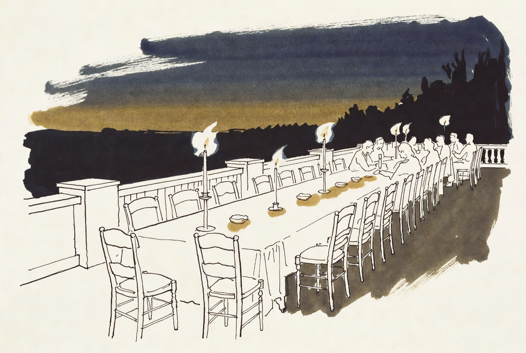 Desenho de linha: mesa longa de jantar em terraço ao entardecer, velas acesas, poucos convidados ao fundo.