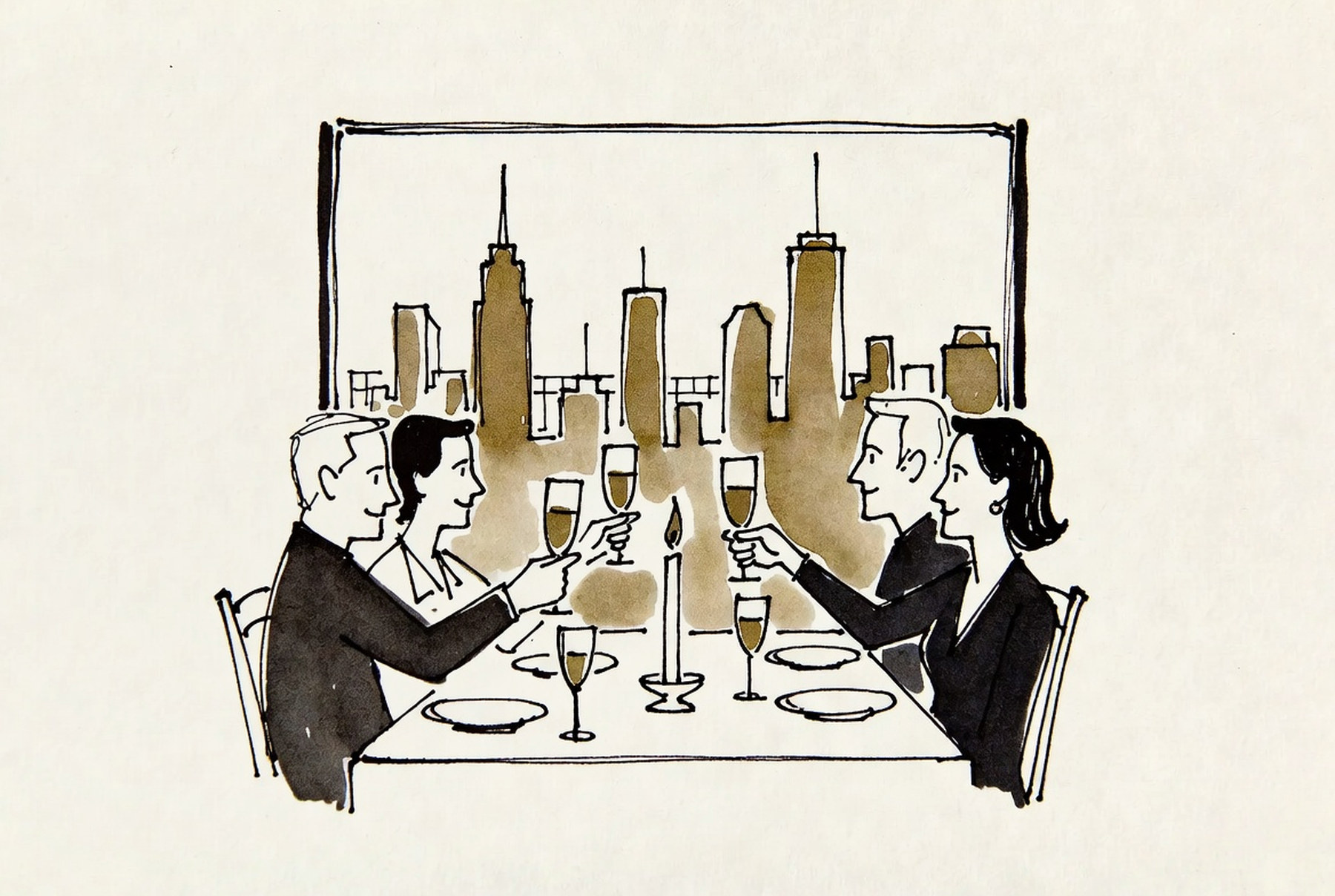 Desenho de linha: quatro convidados brindando à mesa diante de uma janela com a cidade ao entardecer.