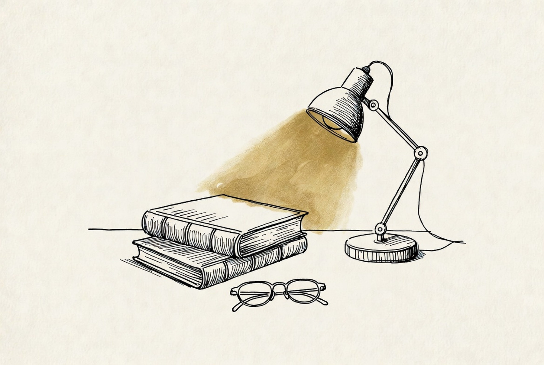 Desenho de linha: pilha de livros fechados ao lado de óculos e uma luminária de mesa acesa.
