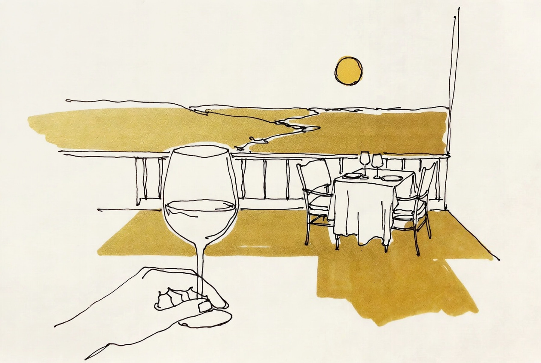 Desenho de linha: mão sobre a haste de uma taça, mesa posta para dois sobre um vale.