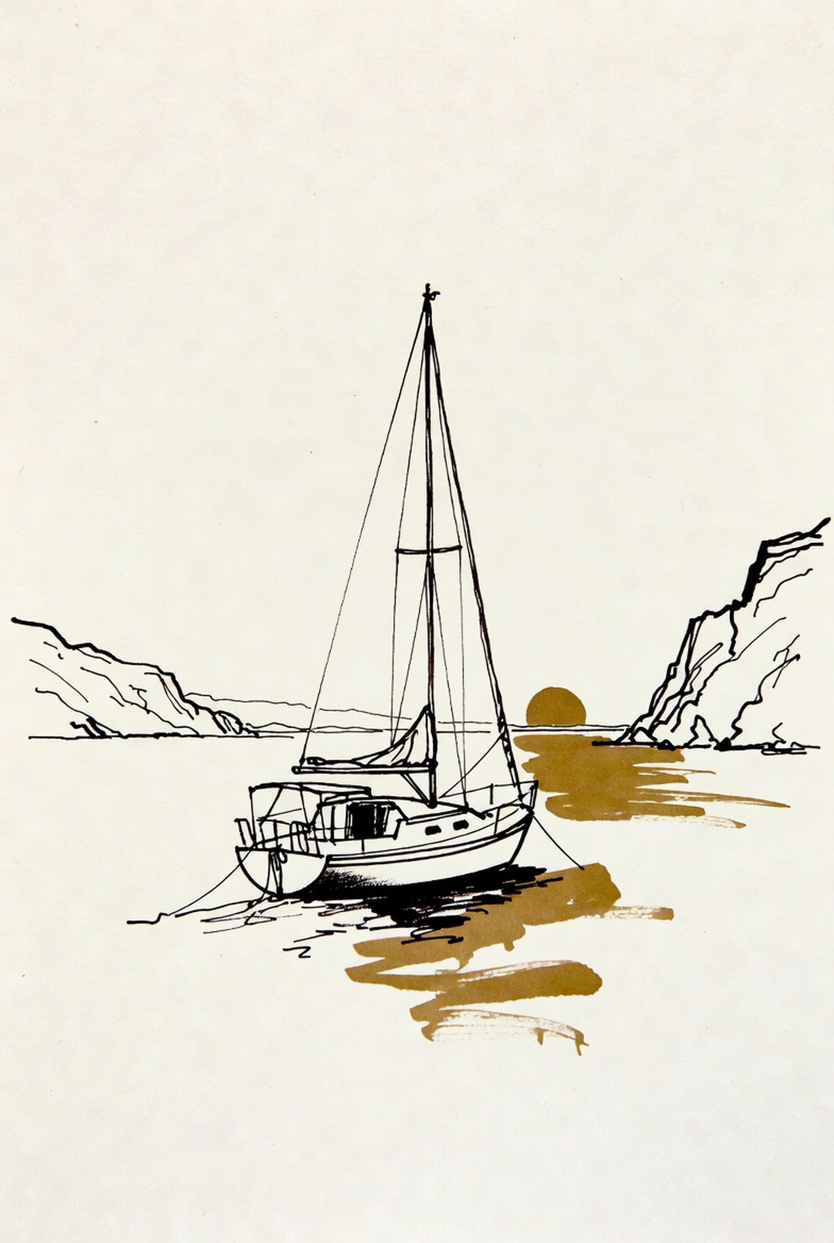 Desenho de linha: veleiro ancorado em enseada entre falésias, sol baixo sobre a água.